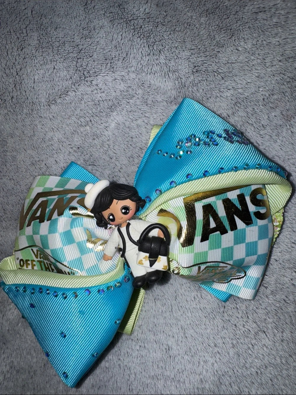 Vans Aqua and Lime Checkerboard Logo Bow with Doll Charm